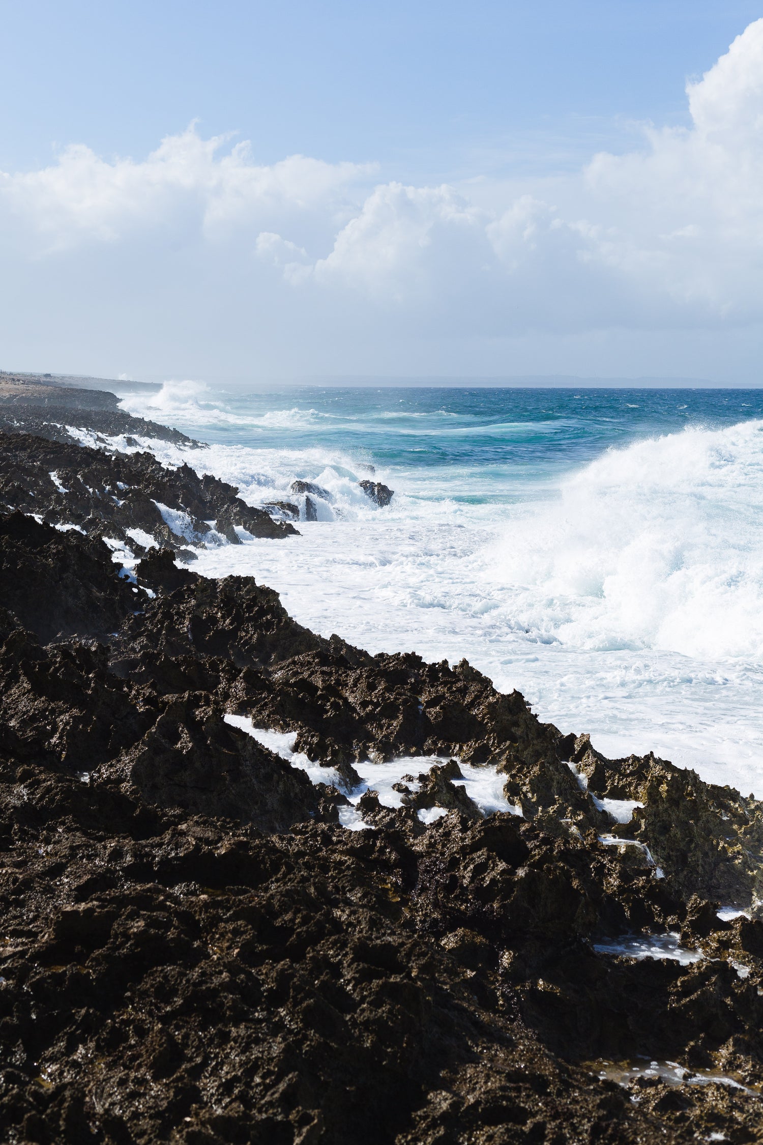 Black rocky coastline in Curacao with approaching wave